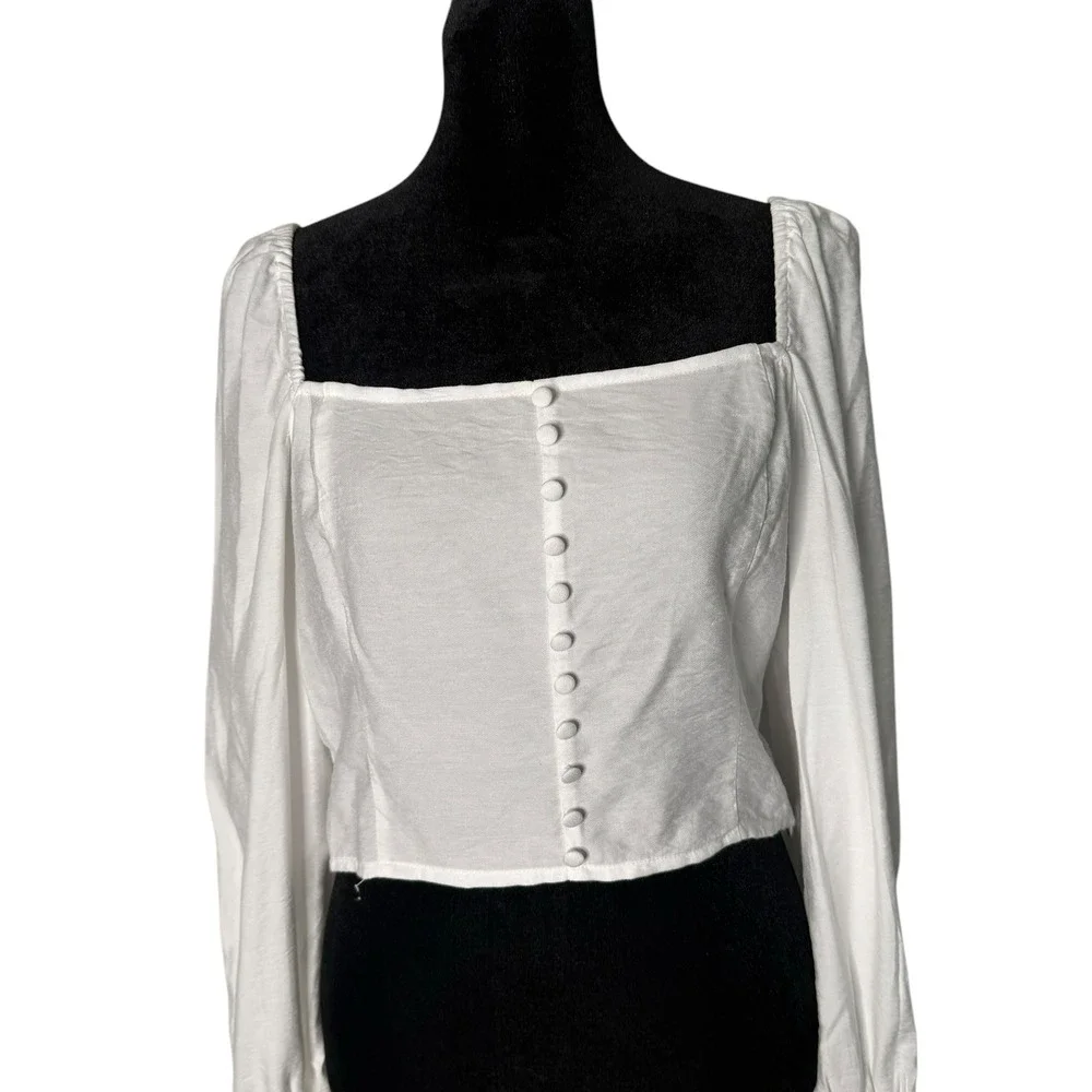 Womens L‎ White Corset Crop Top Long Sleeve Square Neck Coastal Cowgirl Western
